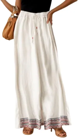 TIAFORD Womens Cotton Linen Ethnic Embroidered Hem Wide Leg Pants Drawstring High Waist Casual Loose Trousers with Pockets