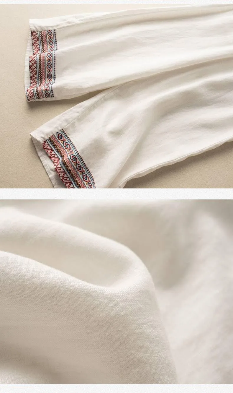 TIAFORD Womens Cotton Linen Ethnic Embroidered Hem Wide Leg Pants Drawstring High Waist Casual Loose Trousers with Pockets