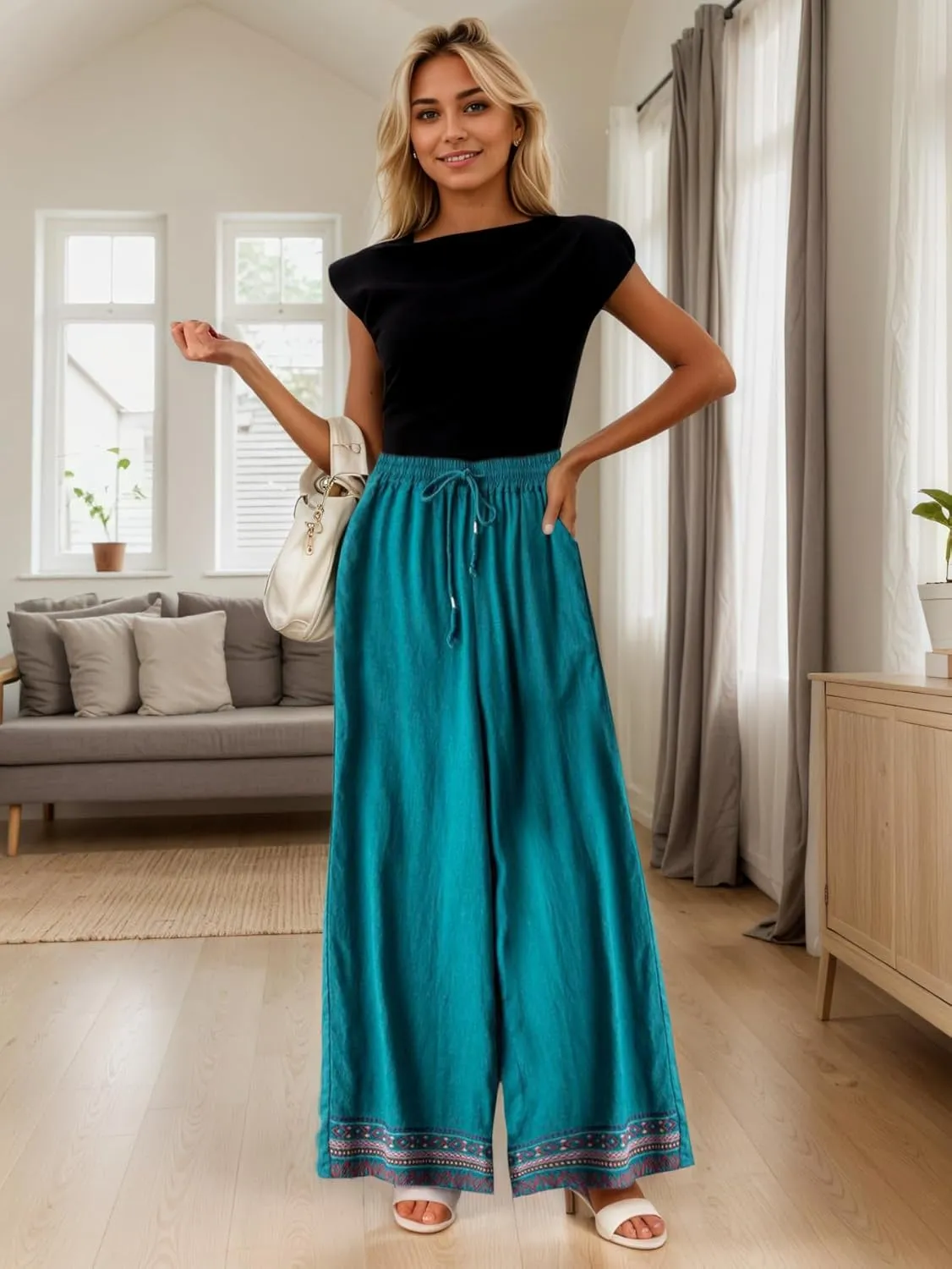 TIAFORD Womens Cotton Linen Ethnic Embroidered Hem Wide Leg Pants Drawstring High Waist Casual Loose Trousers with Pockets