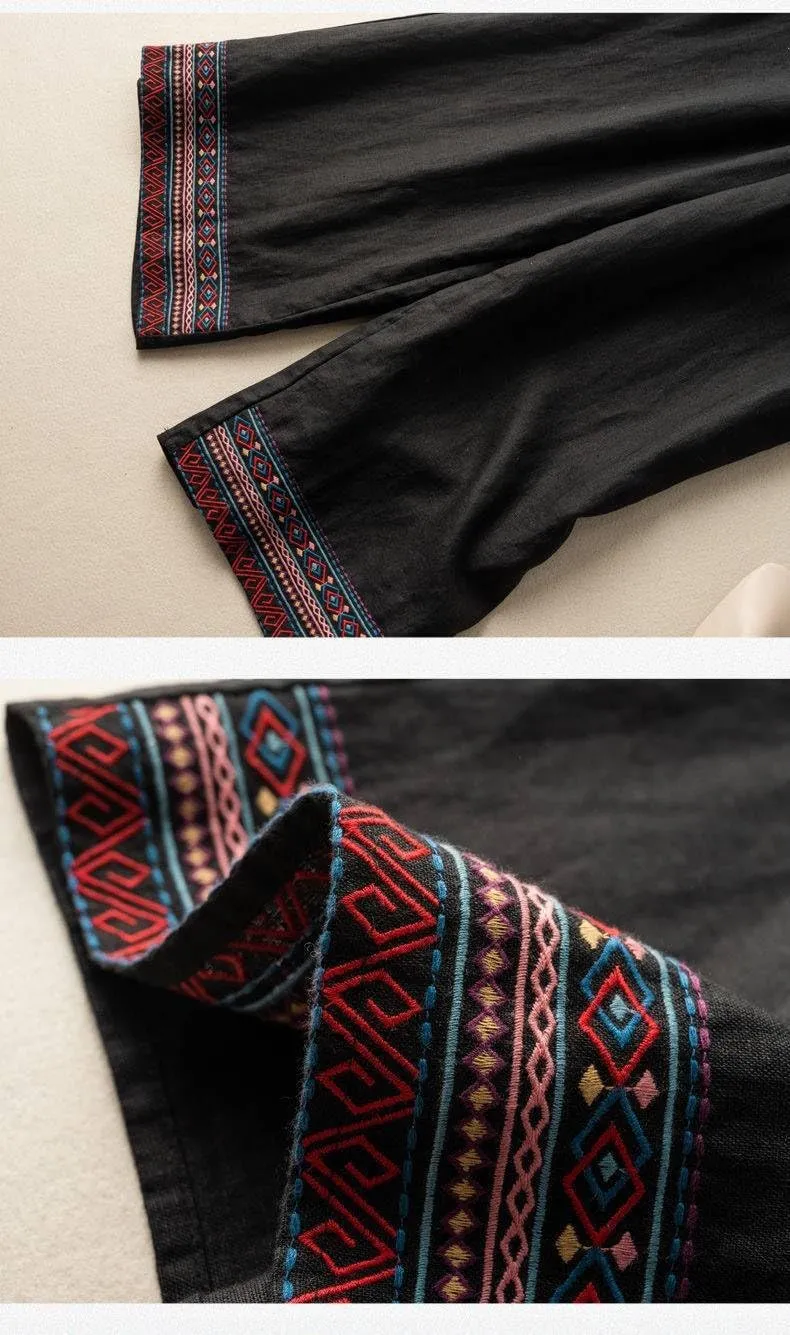 TIAFORD Womens Cotton Linen Ethnic Embroidered Hem Wide Leg Pants Drawstring High Waist Casual Loose Trousers with Pockets