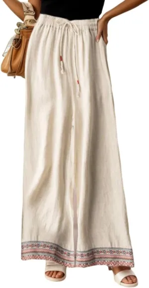 TIAFORD Womens Cotton Linen Ethnic Embroidered Hem Wide Leg Pants Drawstring High Waist Casual Loose Trousers with Pockets
