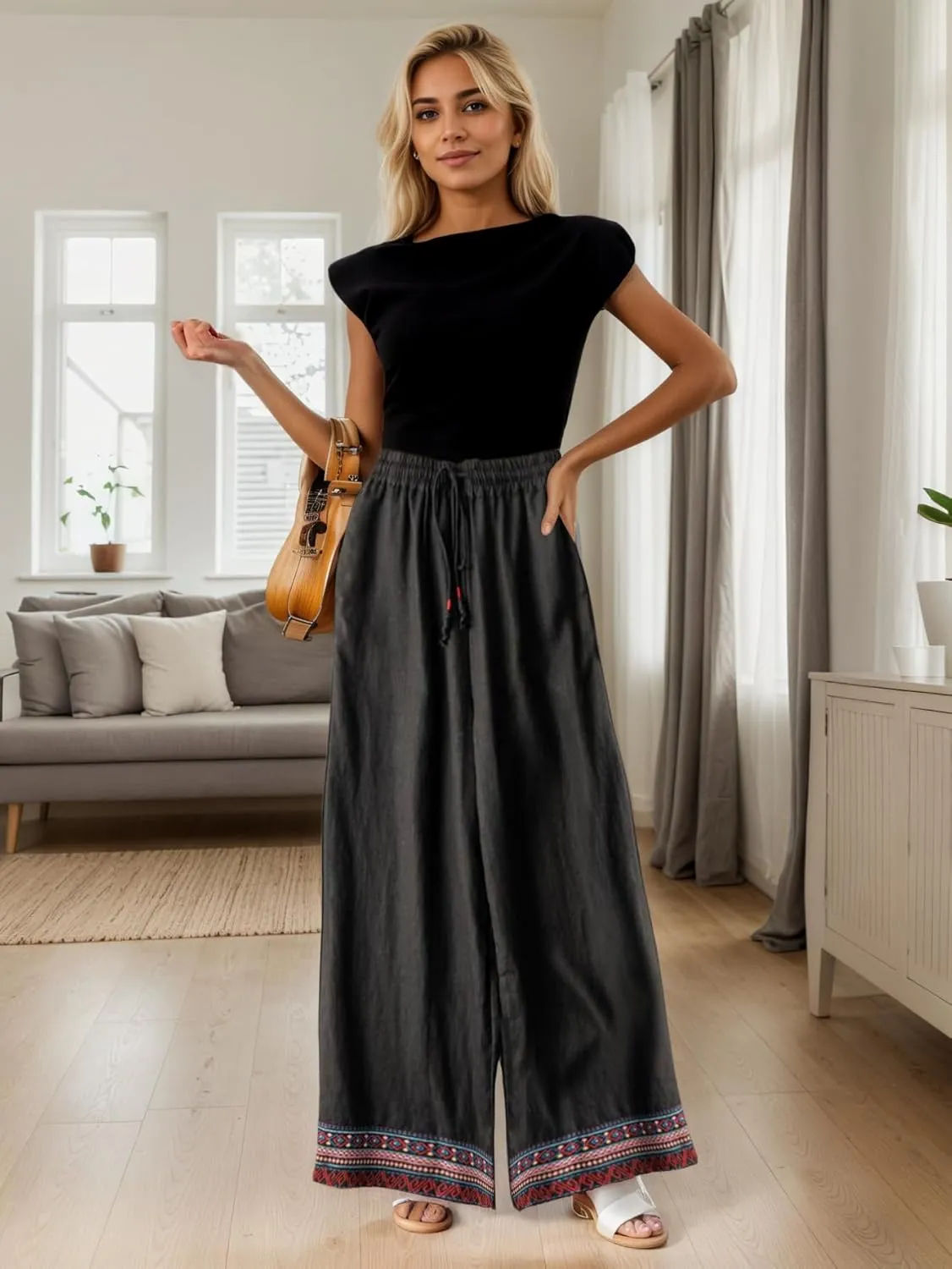 TIAFORD Womens Cotton Linen Ethnic Embroidered Hem Wide Leg Pants Drawstring High Waist Casual Loose Trousers with Pockets