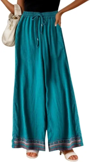 TIAFORD Womens Cotton Linen Ethnic Embroidered Hem Wide Leg Pants Drawstring High Waist Casual Loose Trousers with Pockets