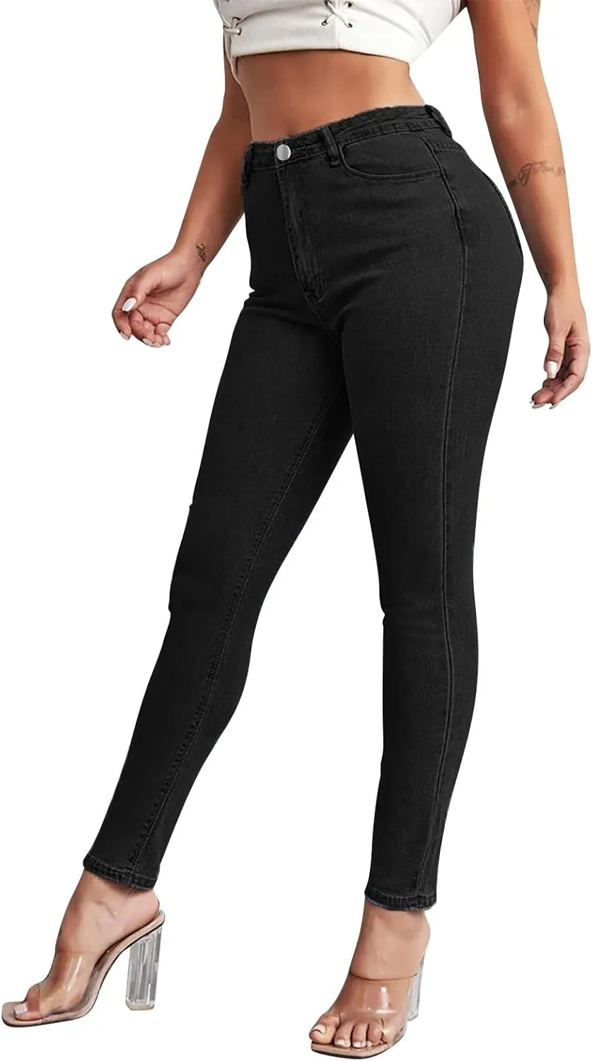 Tight Jeans for Women High Waisted Butt-Lifting Elastic Skinny Pencil Pants Button Solid Casual Denim Trousers