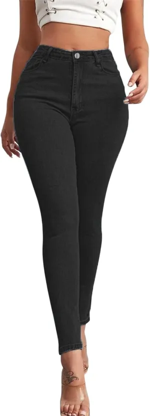 Tight Jeans for Women High Waisted Butt-Lifting Elastic Skinny Pencil Pants Button Solid Casual Denim Trousers