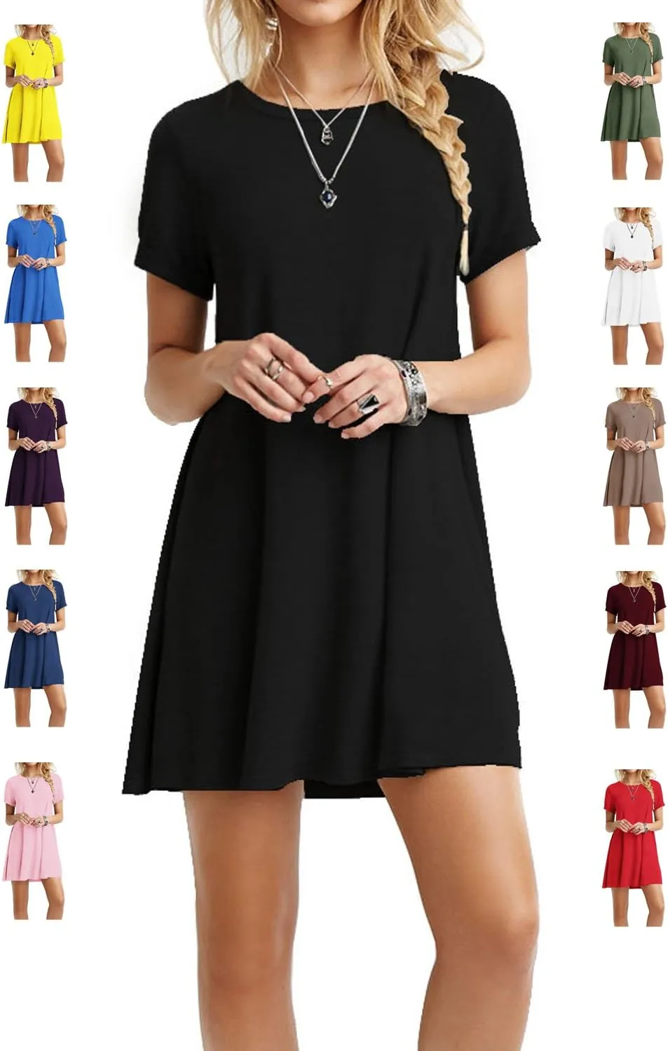 TOPONSKY Women's Casual Plain Simple Loose Flowy Short-Sleeve T-Shirt Dress