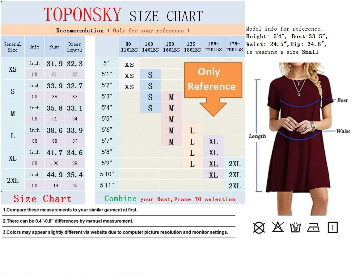 TOPONSKY Women's Casual Plain Simple Loose Flowy Short-Sleeve T-Shirt Dress