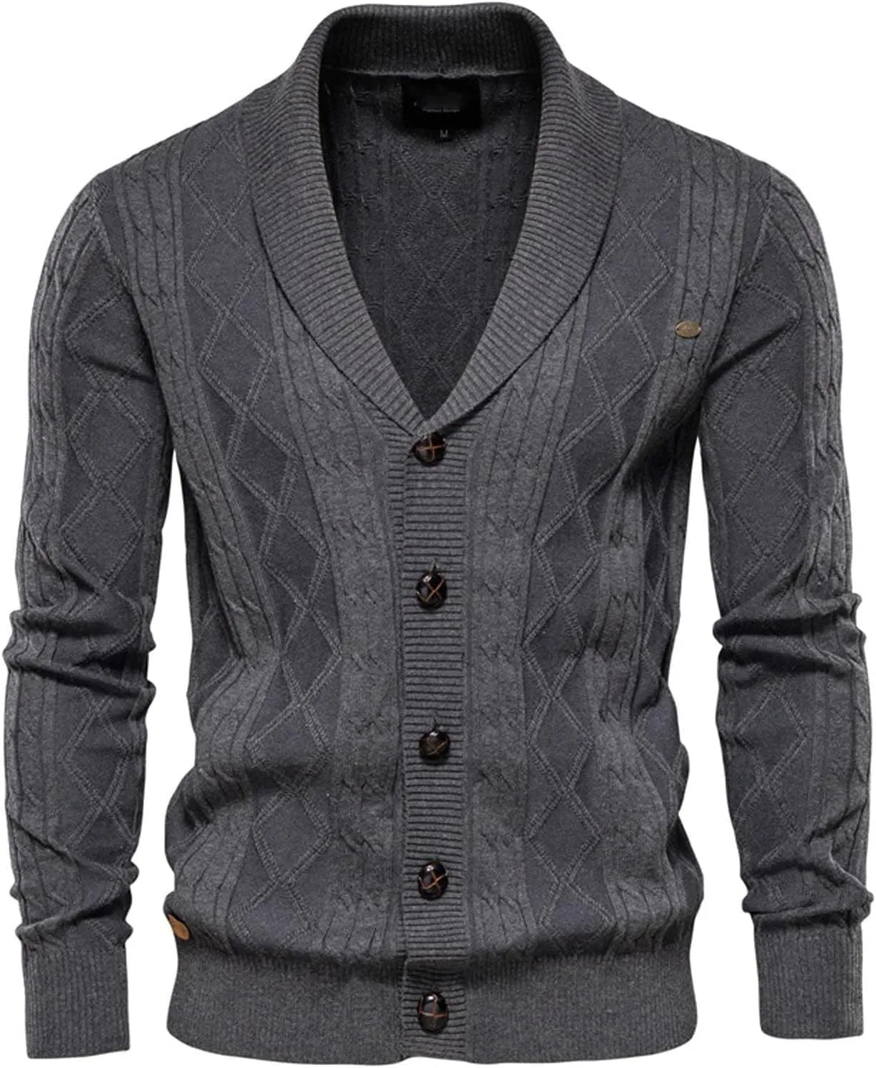 tuduoms Mens Shawl Collar Cardigan Sweater Argyle Cable Knitted Casual Winter Lightweight Button Down Thermal Chunky Sweater