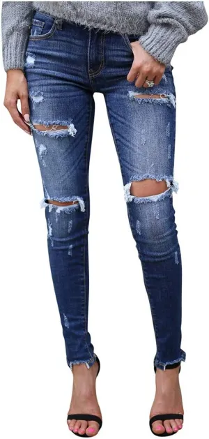 Tummy Control Jeans, Women's Casual Loose Ripped Denim Pants Distressed Wide Leg Jeans