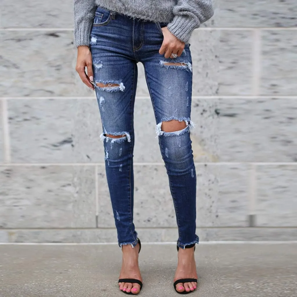 Tummy Control Jeans, Women's Casual Loose Ripped Denim Pants Distressed Wide Leg Jeans