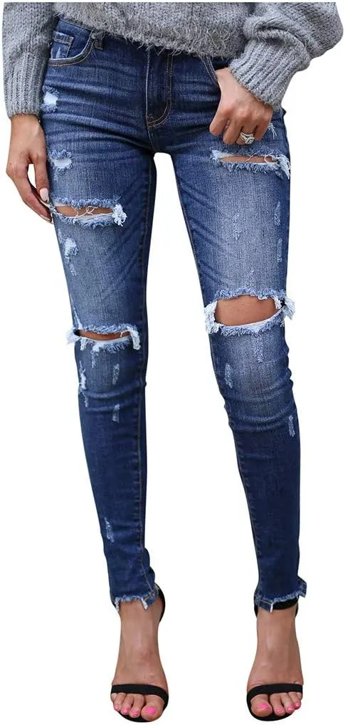Tummy Control Jeans, Women's Casual Loose Ripped Denim Pants Distressed Wide Leg Jeans