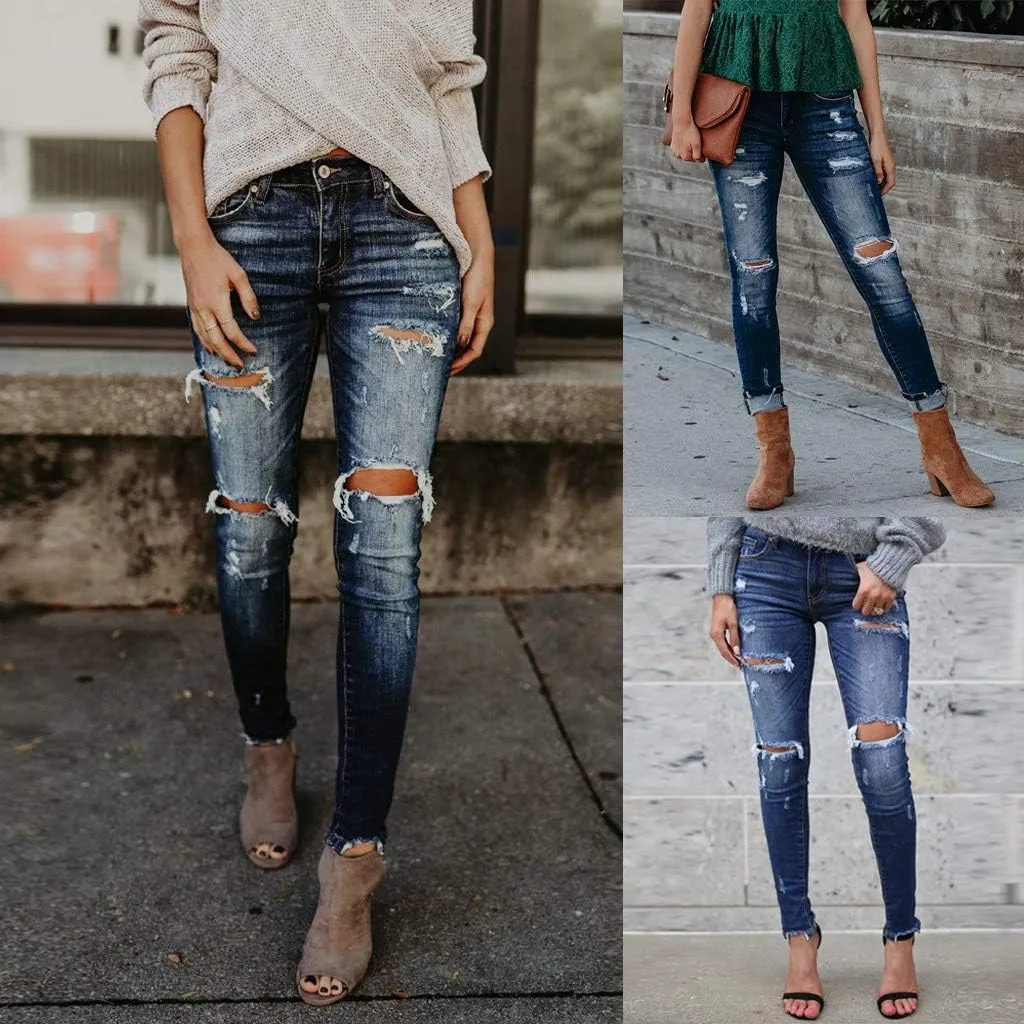 Tummy Control Jeans, Women's Casual Loose Ripped Denim Pants Distressed Wide Leg Jeans