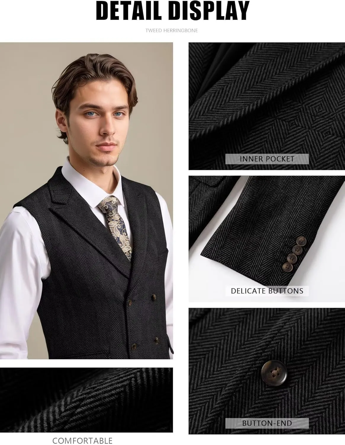 Tweed Suit for Men Wool Suits Retro Mens 3 Piece Slim Fit Blazer Jacket Vest Pants Tie Tuxedo Set for Groomsmen Prom