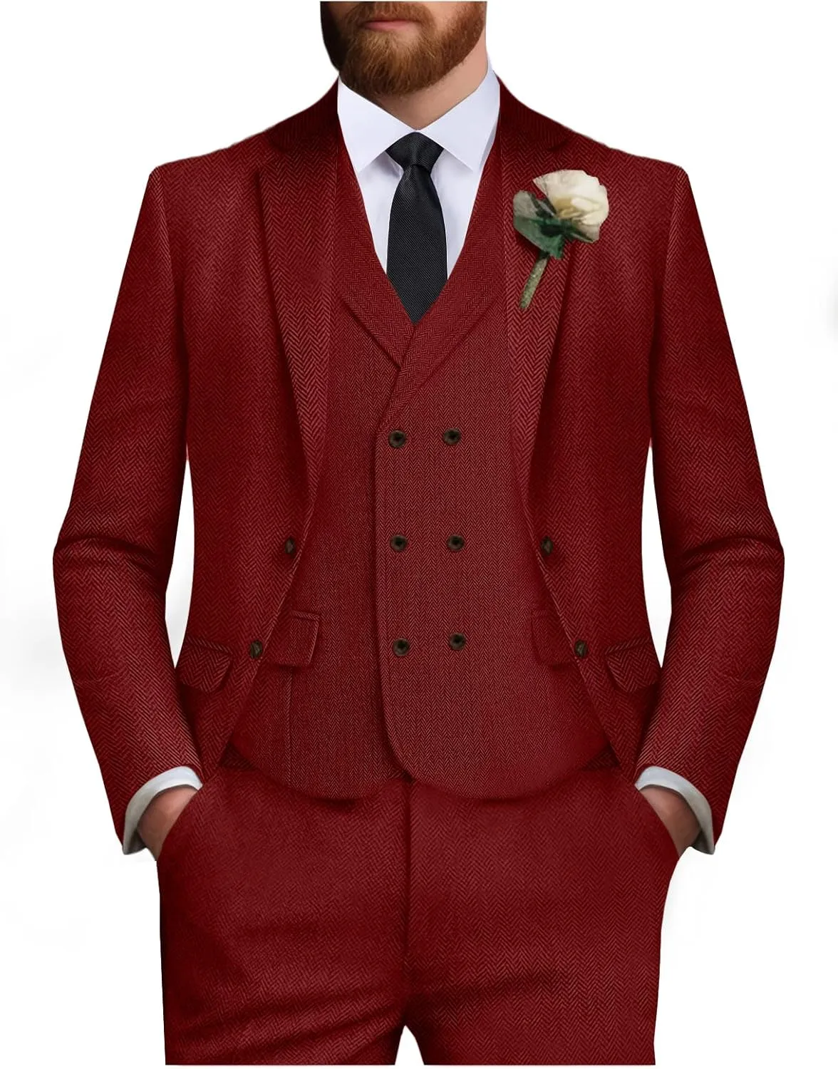 Tweed Suit for Men Wool Suits Retro Mens 3 Piece Slim Fit Blazer Jacket Vest Pants Tie Tuxedo Set for Groomsmen Prom