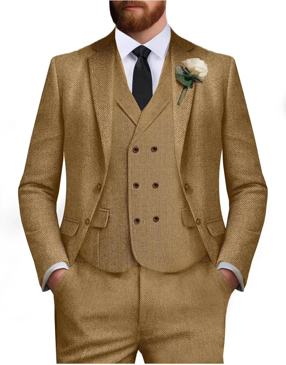 Tweed Suit for Men Wool Suits Retro Mens 3 Piece Slim Fit Blazer Jacket Vest Pants Tie Tuxedo Set for Groomsmen Prom