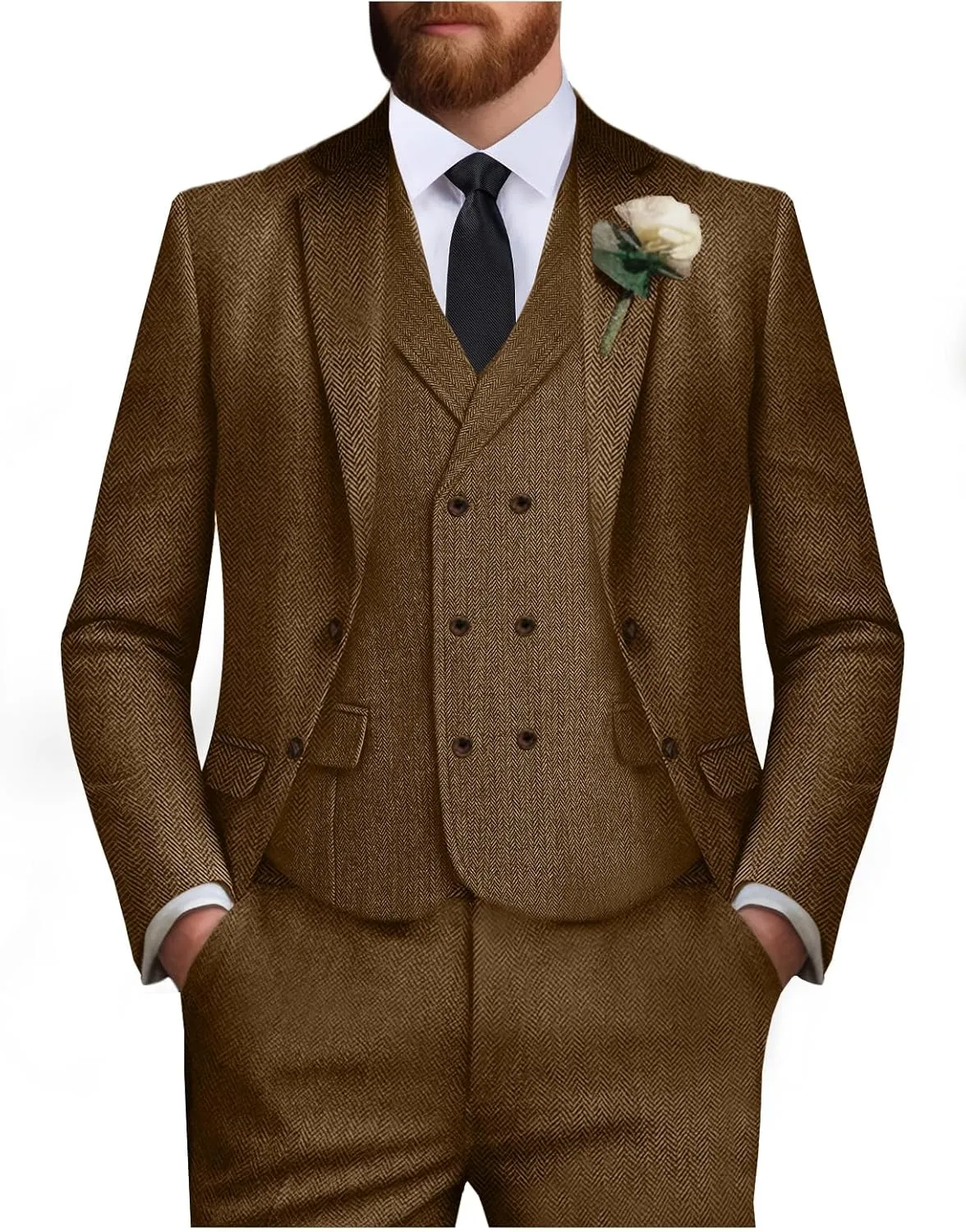 Tweed Suit for Men Wool Suits Retro Mens 3 Piece Slim Fit Blazer Jacket Vest Pants Tie Tuxedo Set for Groomsmen Prom