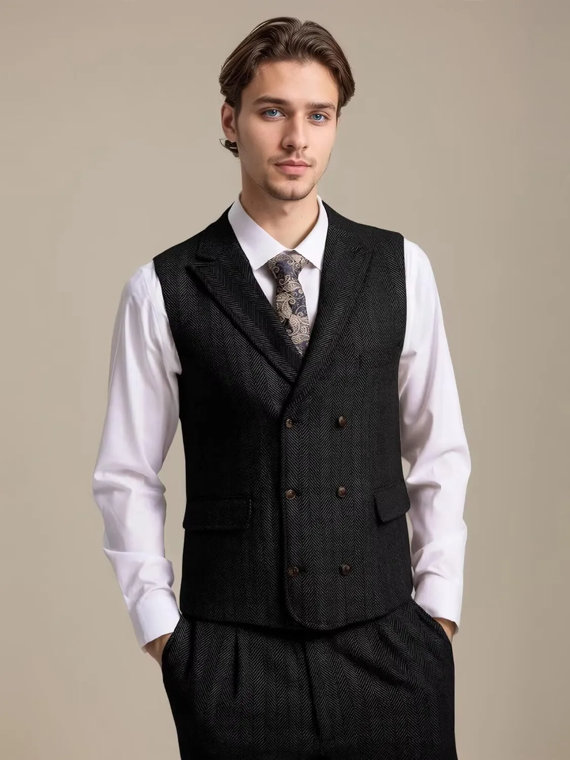 Tweed Suit for Men Wool Suits Retro Mens 3 Piece Slim Fit Blazer Jacket Vest Pants Tie Tuxedo Set for Groomsmen Prom