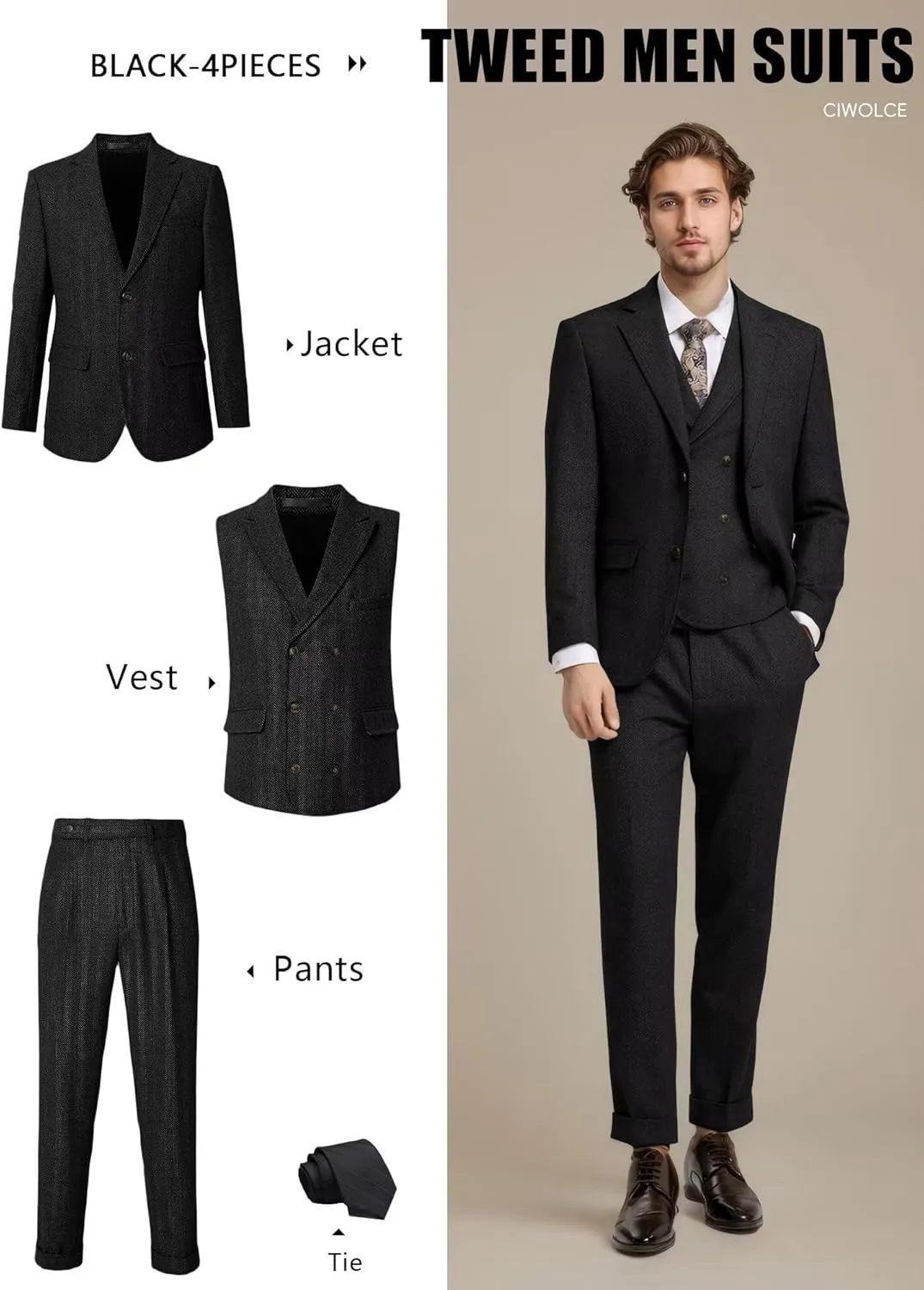 Tweed Suit for Men Wool Suits Retro Mens 3 Piece Slim Fit Blazer Jacket Vest Pants Tie Tuxedo Set for Groomsmen Prom