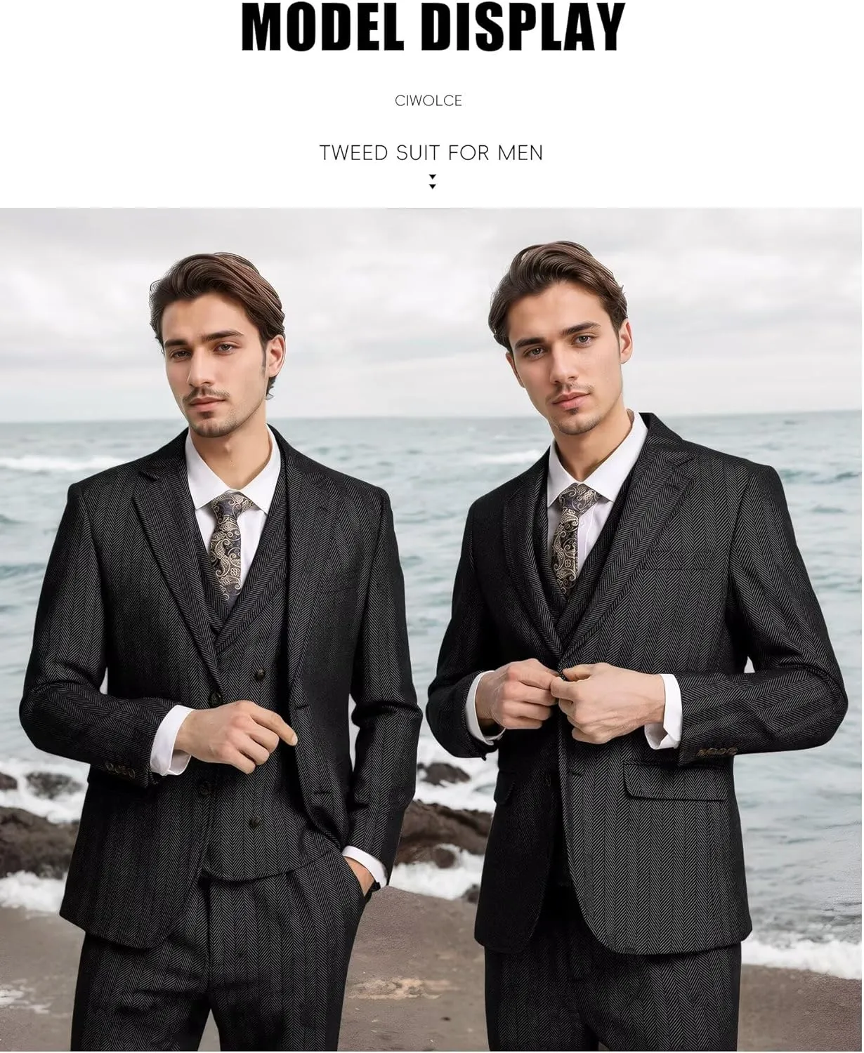 Tweed Suit for Men Wool Suits Retro Mens 3 Piece Slim Fit Blazer Jacket Vest Pants Tie Tuxedo Set for Groomsmen Prom