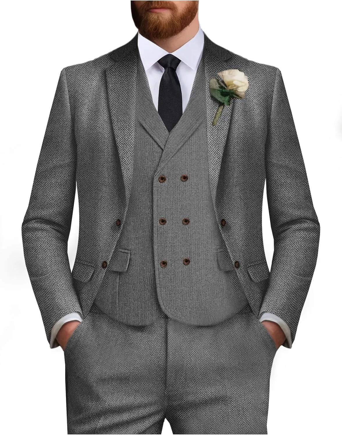 Tweed Suit for Men Wool Suits Retro Mens 3 Piece Slim Fit Blazer Jacket Vest Pants Tie Tuxedo Set for Groomsmen Prom