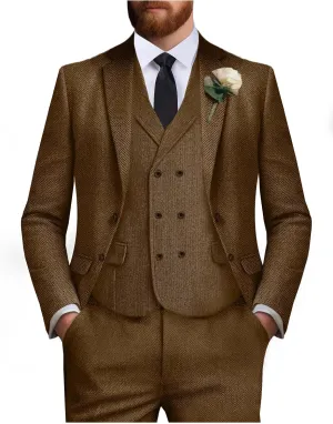 Tweed Suit for Men Wool Suits Retro Mens 3 Piece Slim Fit Blazer Jacket Vest Pants Tie Tuxedo Set for Groomsmen Prom