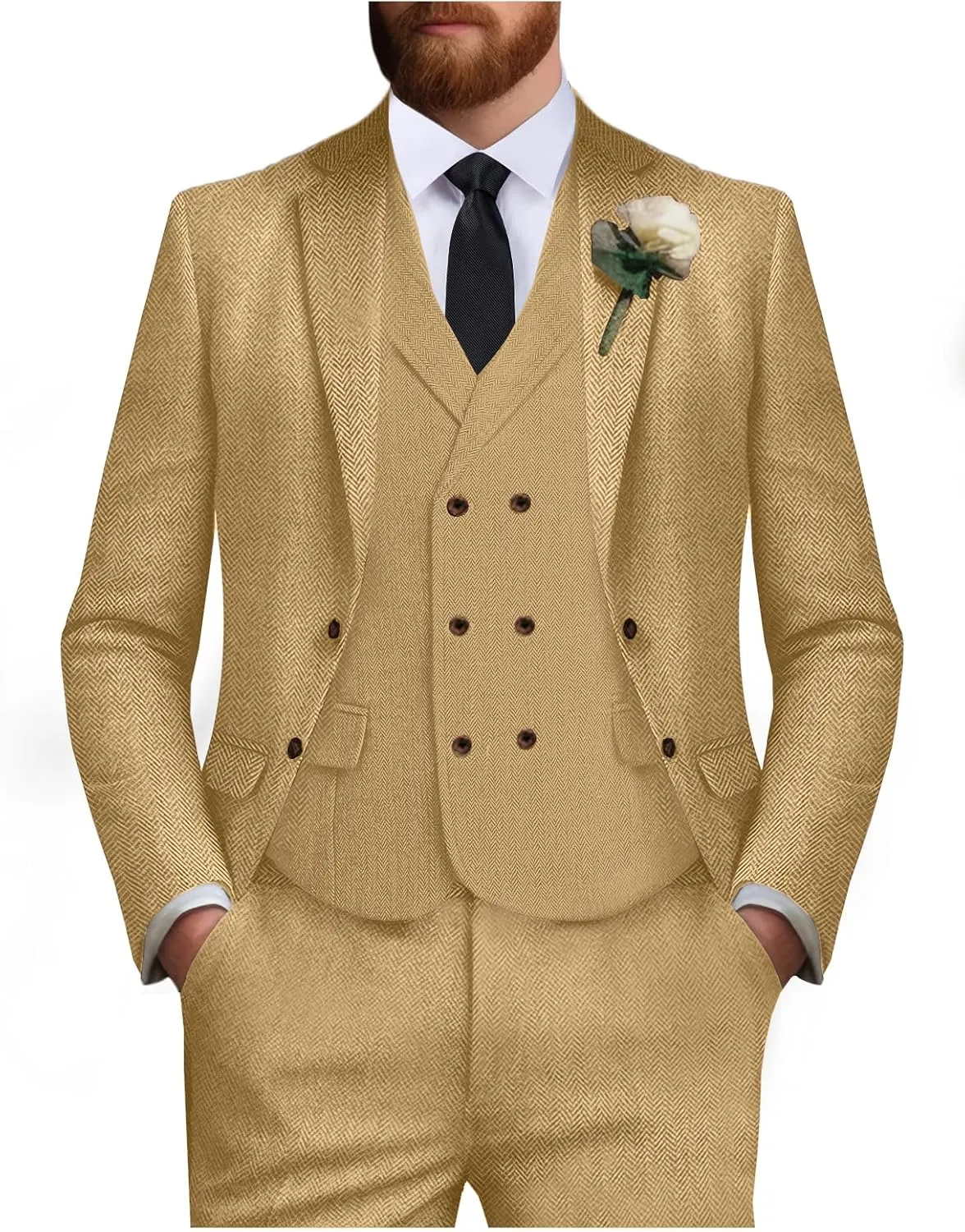 Tweed Suit for Men Wool Suits Retro Mens 3 Piece Slim Fit Blazer Jacket Vest Pants Tie Tuxedo Set for Groomsmen Prom