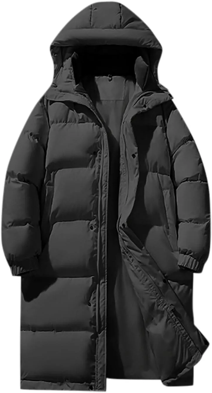 Unisex Mens Puffer Jacket Winter Thicken Waterproof Windproof Long Quilted Trench Coat Thermal Down Coats with Hood