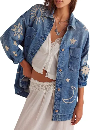 utcoco Women's Vintage Oversized Denim Jacket Embroidered Graphic Casual Loose Fit Button Down Jean Jacket