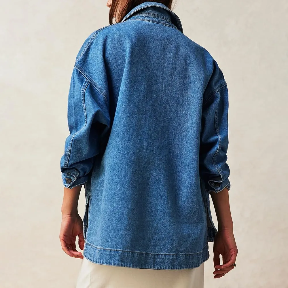 utcoco Women's Vintage Oversized Denim Jacket Embroidered Graphic Casual Loose Fit Button Down Jean Jacket