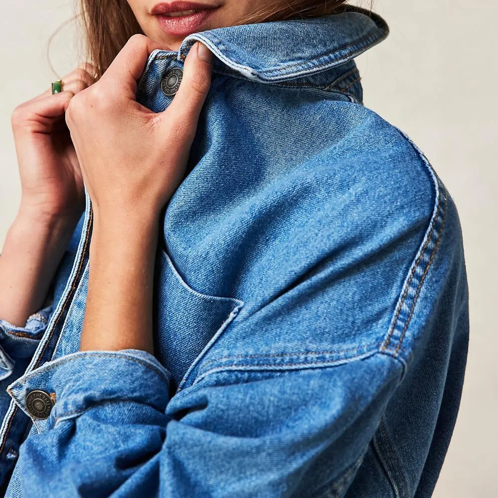 utcoco Women's Vintage Oversized Denim Jacket Embroidered Graphic Casual Loose Fit Button Down Jean Jacket