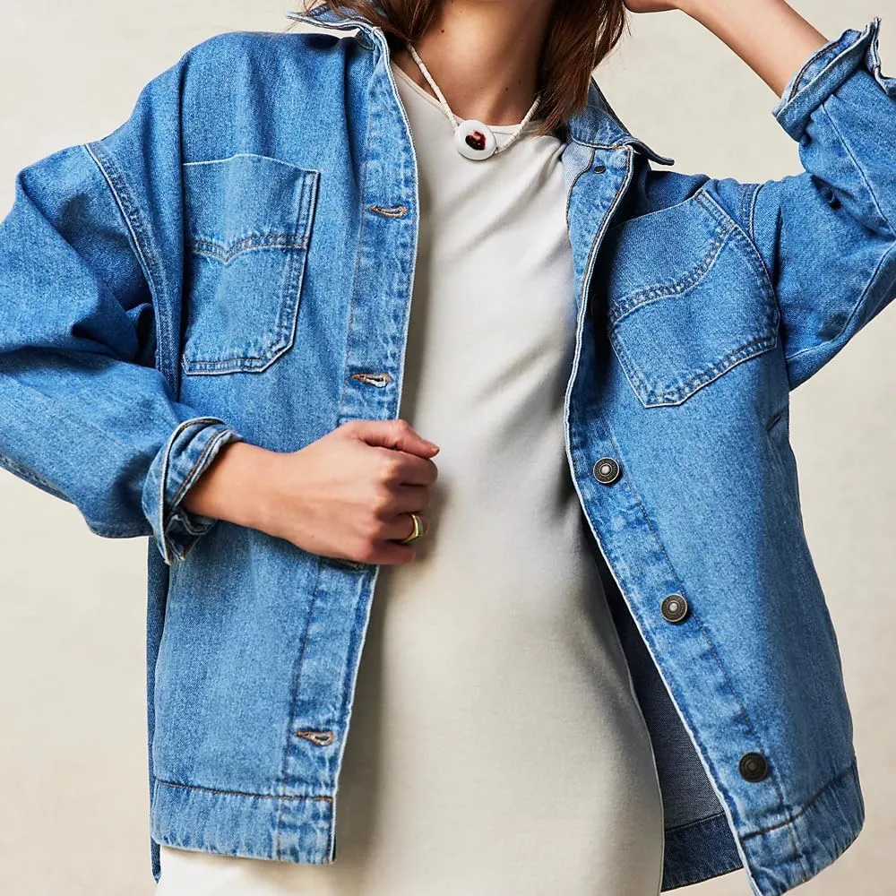 utcoco Women's Vintage Oversized Denim Jacket Embroidered Graphic Casual Loose Fit Button Down Jean Jacket