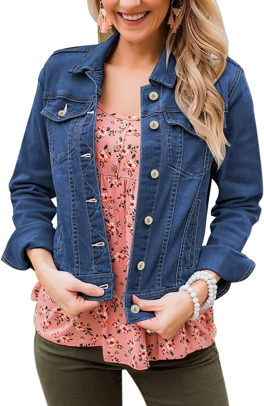 Vetinee Womens Stretch Button Down Long Sleeve Pockets Denim Jean Trucker Jacket
