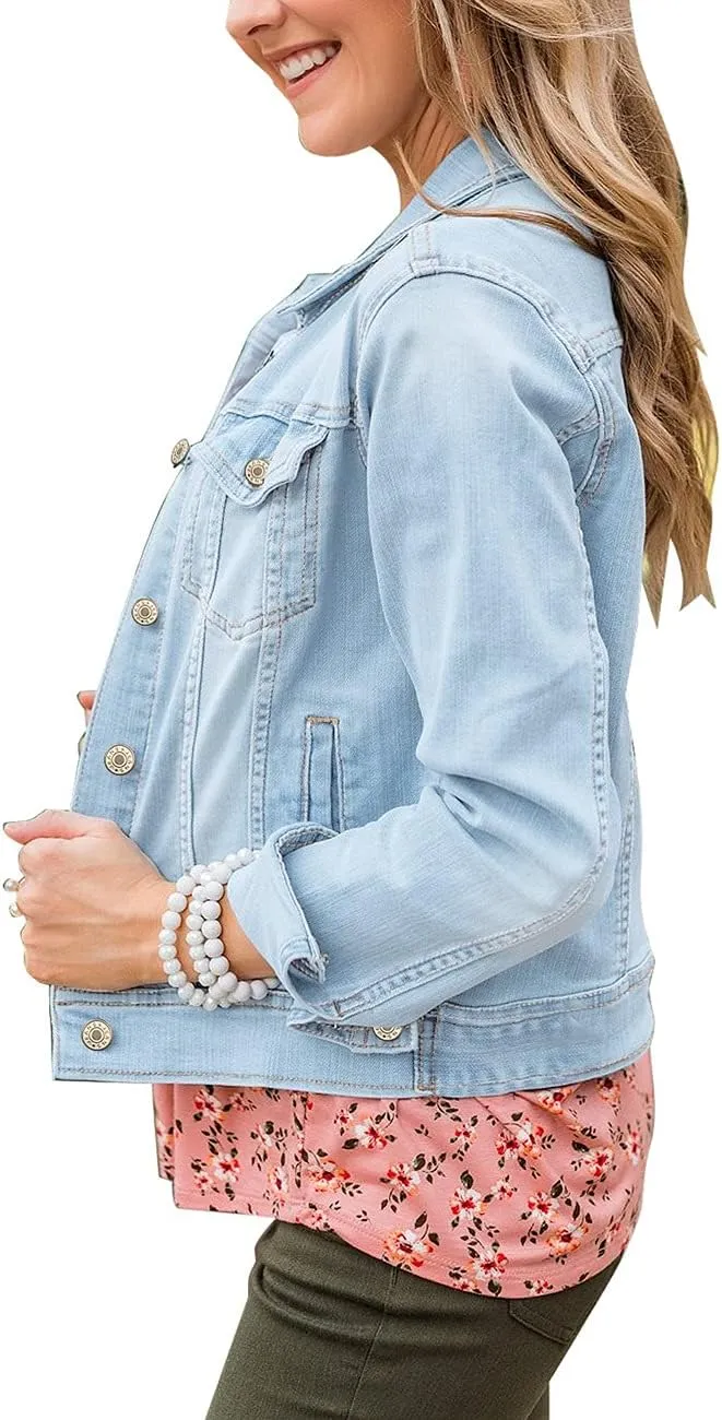 Vetinee Womens Stretch Button Down Long Sleeve Pockets Denim Jean Trucker Jacket