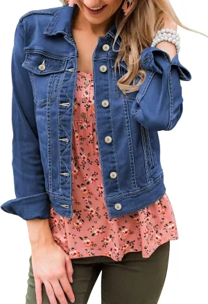 Vetinee Womens Stretch Button Down Long Sleeve Pockets Denim Jean Trucker Jacket