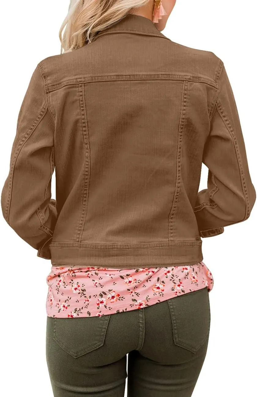 Vetinee Womens Stretch Button Down Long Sleeve Pockets Denim Jean Trucker Jacket