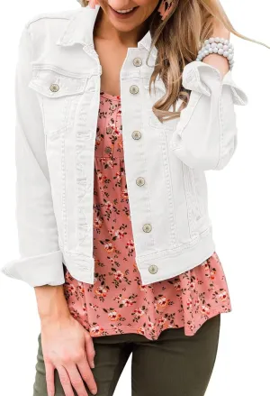 Vetinee Womens Stretch Button Down Long Sleeve Pockets Denim Jean Trucker Jacket