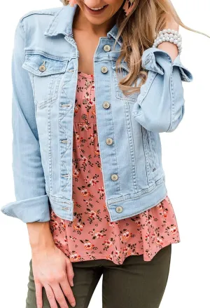 Vetinee Womens Stretch Button Down Long Sleeve Pockets Denim Jean Trucker Jacket