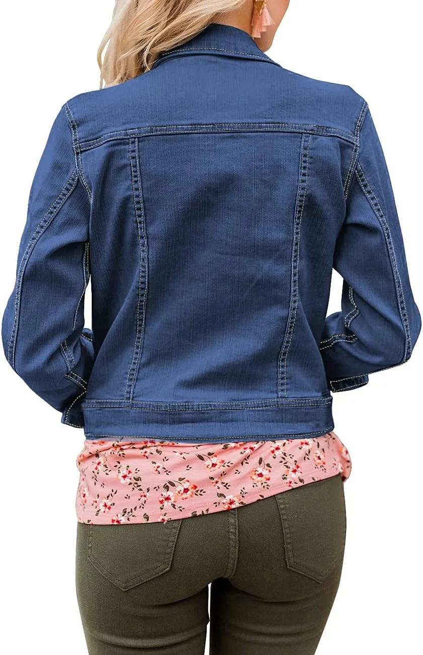 Vetinee Womens Stretch Button Down Long Sleeve Pockets Denim Jean Trucker Jacket