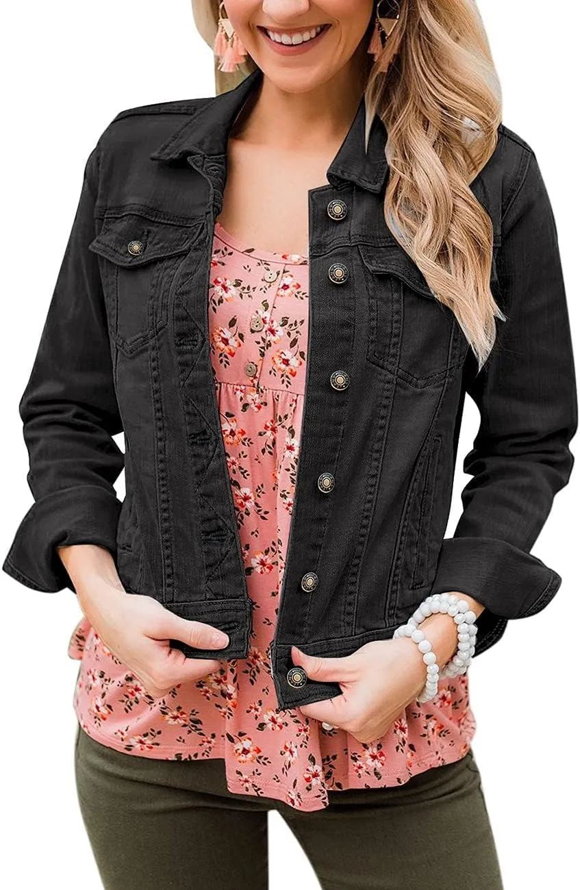 Vetinee Womens Stretch Button Down Long Sleeve Pockets Denim Jean Trucker Jacket
