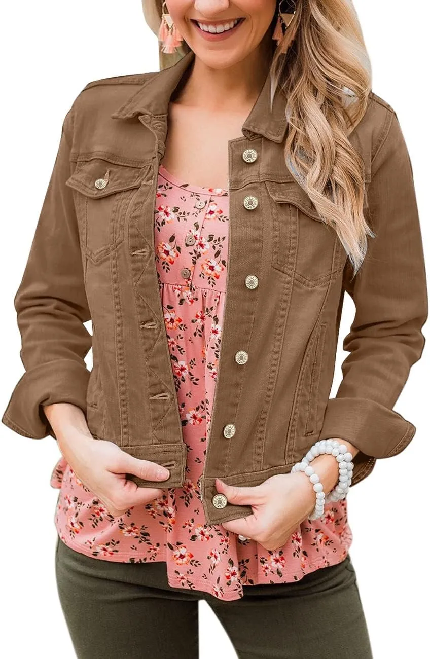 Vetinee Womens Stretch Button Down Long Sleeve Pockets Denim Jean Trucker Jacket