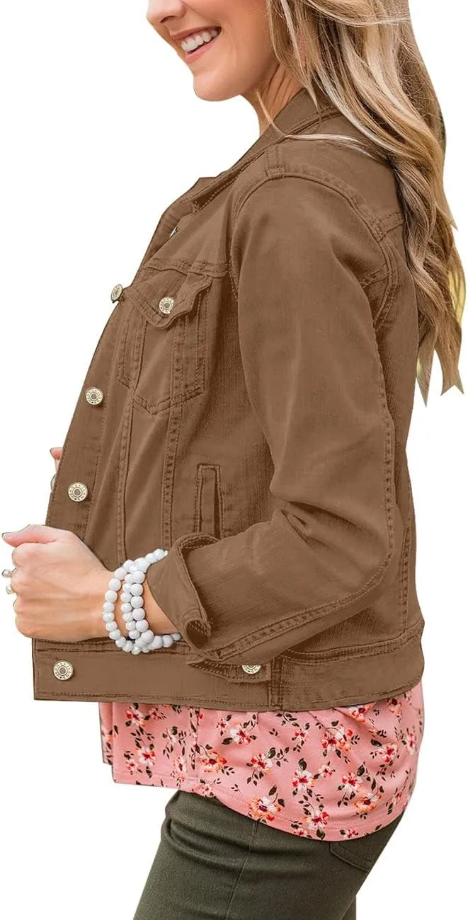 Vetinee Womens Stretch Button Down Long Sleeve Pockets Denim Jean Trucker Jacket