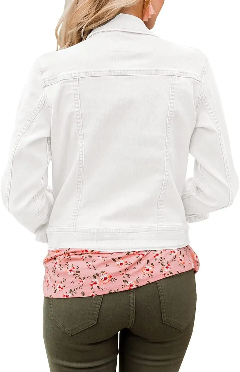 Vetinee Womens Stretch Button Down Long Sleeve Pockets Denim Jean Trucker Jacket