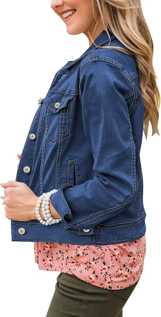 Vetinee Womens Stretch Button Down Long Sleeve Pockets Denim Jean Trucker Jacket