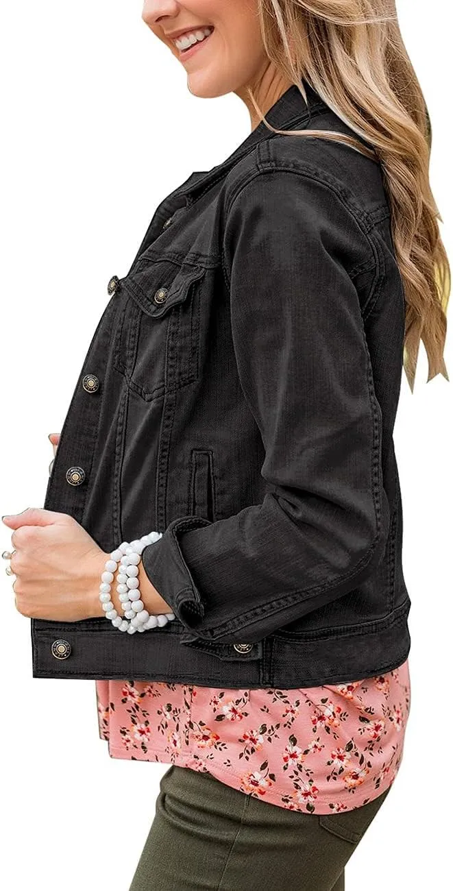 Vetinee Womens Stretch Button Down Long Sleeve Pockets Denim Jean Trucker Jacket