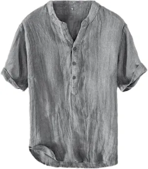 Vintage Linen T-Shirt for Men Pullover Casual V-Neck Short Sleeve Thin Breathable Tees Male Summer