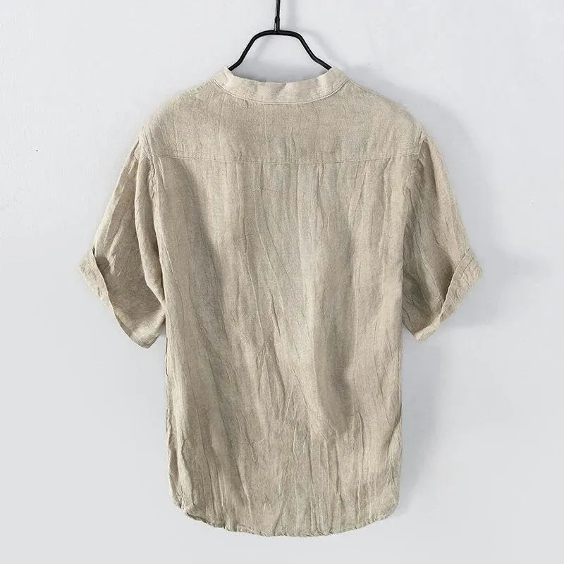 Vintage Linen T-Shirt for Men Pullover Casual V-Neck Short Sleeve Thin Breathable Tees Male Summer