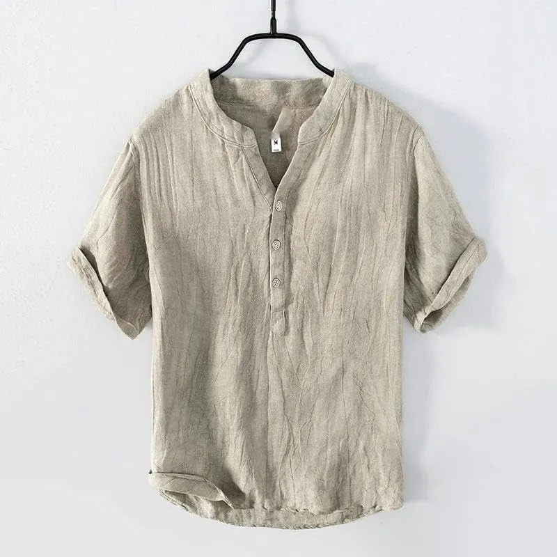 Vintage Linen T-Shirt for Men Pullover Casual V-Neck Short Sleeve Thin Breathable Tees Male Summer