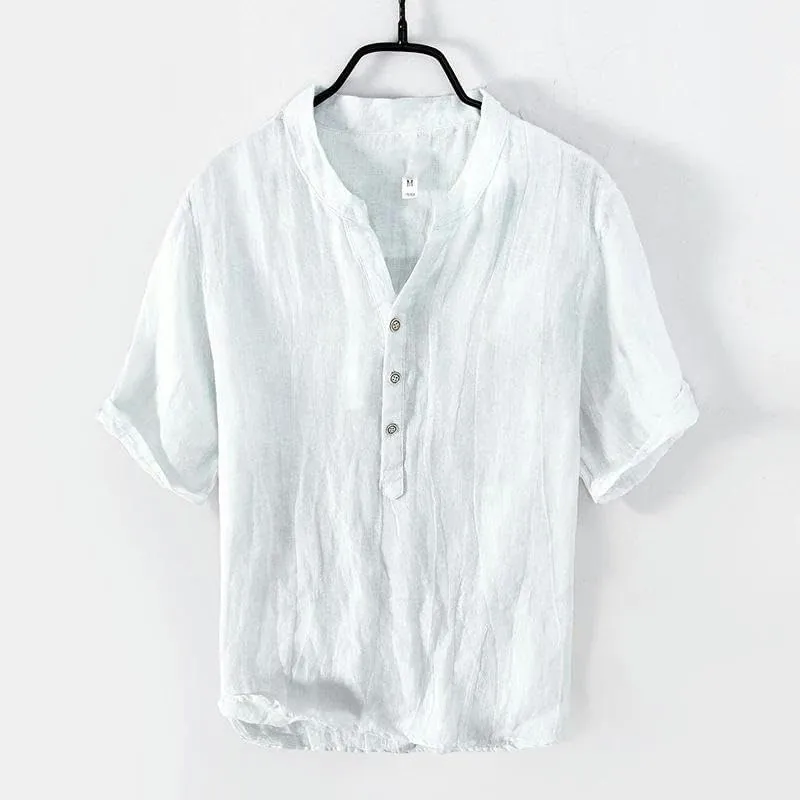 Vintage Linen T-Shirt for Men Pullover Casual V-Neck Short Sleeve Thin Breathable Tees Male Summer