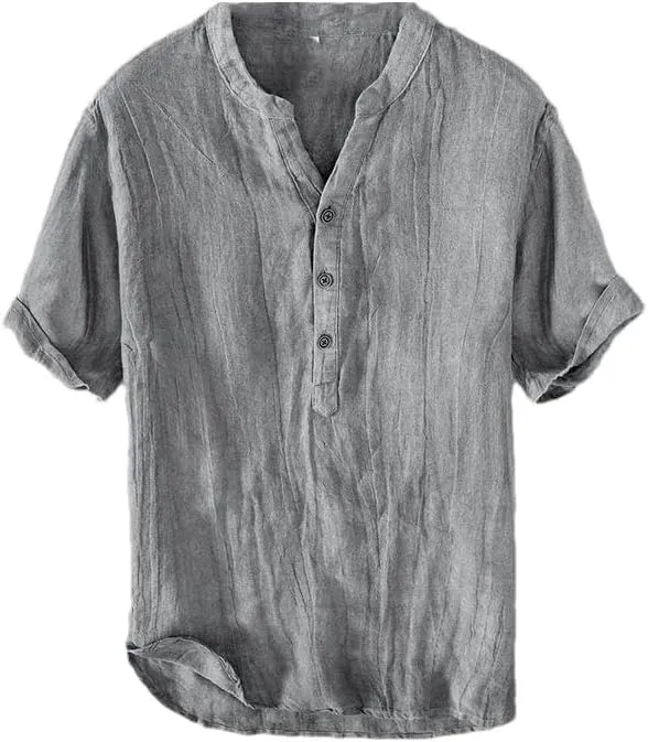 Vintage Linen T-Shirt for Men Pullover Casual V-Neck Short Sleeve Thin Breathable Tees Male Summer