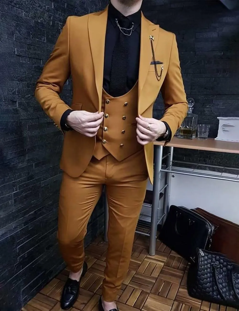 Wangyue Mens Suits 3 Piece Slim Fit Suit for Men Double Breasted Suit Men Formal Wedding Prom Tuxedo Suit
